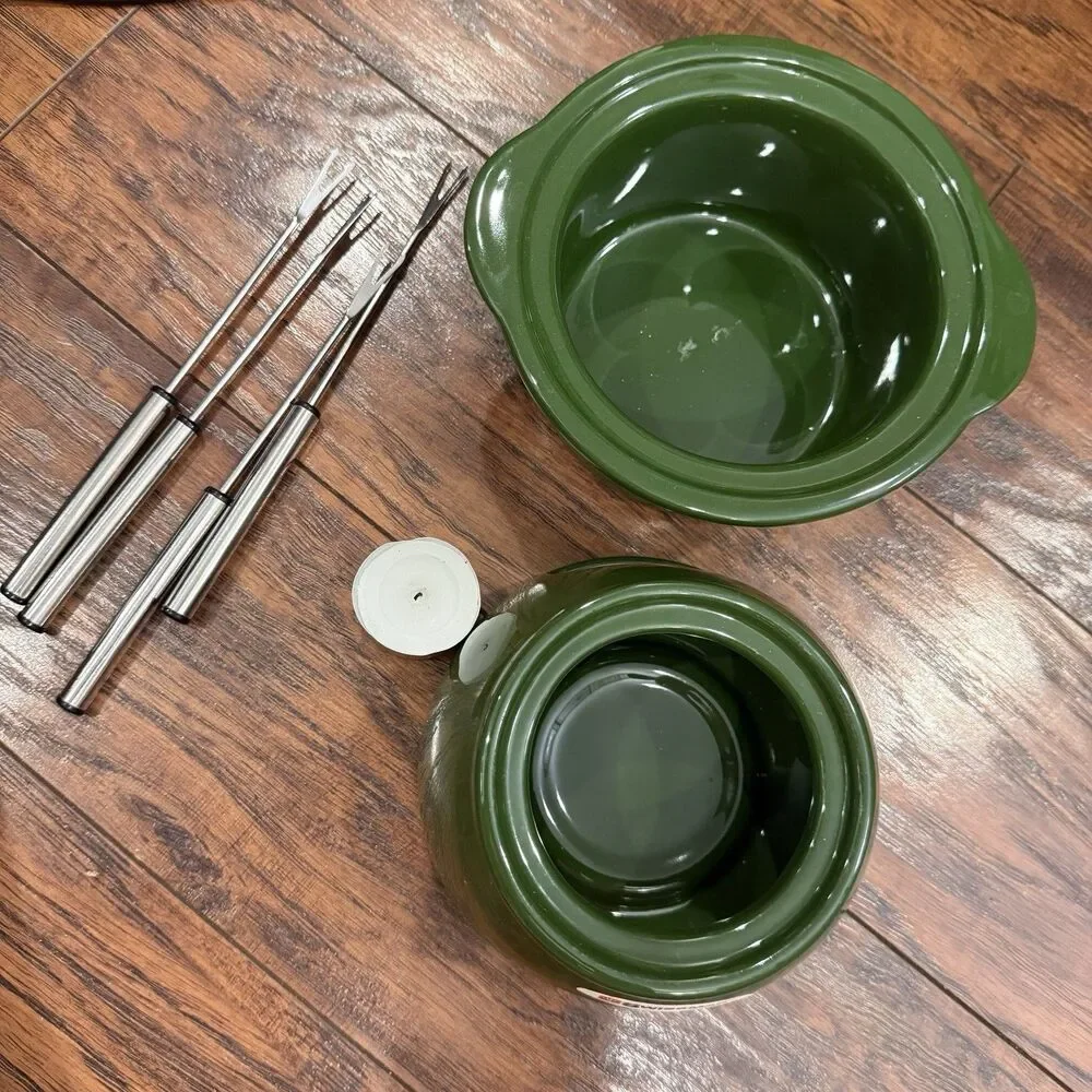 Swissmar Lily Chocolate Fondue Set Green Ceramic Pot Base 4 Forks Tea Light, D6